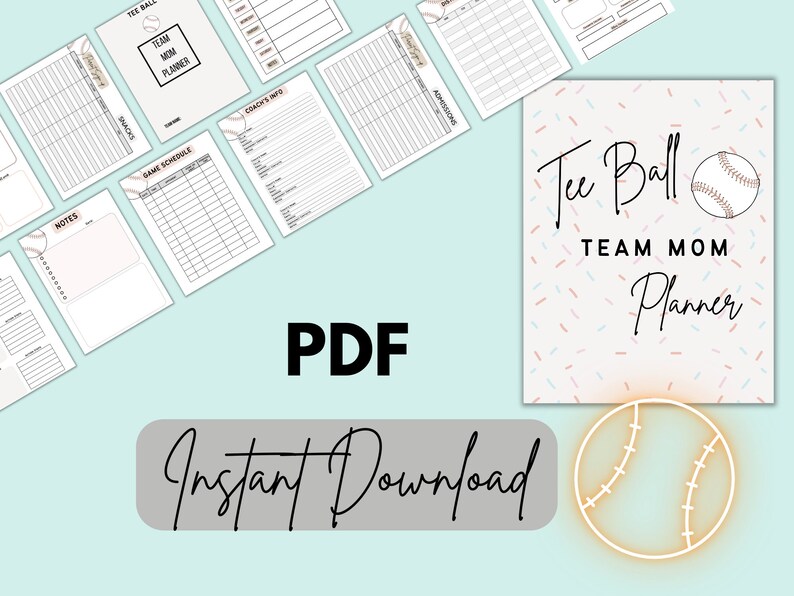 May include: Printable PDF planner for a tee ball team mom. The cover features a baseball with a pink, blue, and white confetti background. The text "Tee Ball Team Mom Planner" is in black.