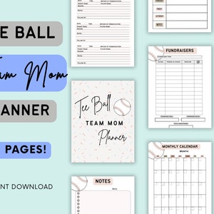 Peut inclure: Un planificateur imprimable pour une maman d'équipe de tee-ball. La couverture présente une balle de baseball avec des confettis roses et bleus. Le planificateur comprend des pages pour les notes, les collectes de fonds, un calendrier mensuel et un horaire hebdomadaire. Le texte sur la couverture indique "Tee Ball Team Mom Planner".