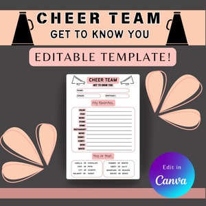 May include: Printable "Get to Know You" worksheet for cheer team members. The worksheet includes sections for name, grade, birthday, favourite colour, food, music, store, drink, restaurant, movie, hobby, candy, book, quote, and "this or that" questions.