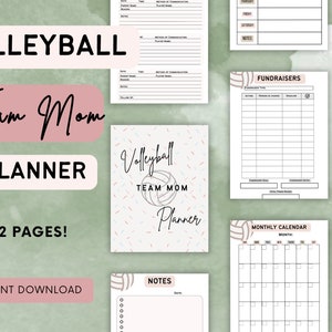 May include: A printable volleyball team mom planner with 32 pages. The planner includes sections for notes, fundraising, a monthly calendar, and game schedules. The cover features a volleyball with the text "Volleyball Team Mom Planner".