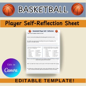 Puede incluir: Una hoja de autoevaluación para jugadores de baloncesto imprimible con un gráfico de baloncesto en la parte superior. La hoja incluye preguntas sobre el mayor desafío del jugador, cómo superarlo y cómo mejorar su rendimiento en la cancha. También incluye una lista de características que los jugadores pueden aportar al equipo y una lista de características que los jugadores pueden mejorar.