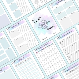 May include: A printable volleyball coach planner with a watercolor background in shades of pink and blue. The planner includes sections for new drills, a roster, a monthly calendar, parent communication log, uniform distribution, and skill assessment.