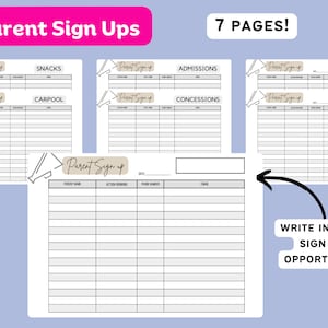 May include: A printable sign-up sheet for parents to volunteer for different tasks at a school or sports event. The sheet includes categories like snacks, carpool, admissions, concessions, end of season banquet, and end of season party. The sheet has a space for parent name, action, date, phone number, and email.