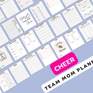 May include: A printable cheer team mom planner with a variety of pages including a to-do list, weekly planner, game schedule, notes, and more. The planner features a cheerleading megaphone and the text "Cheer Team Mom Planner".