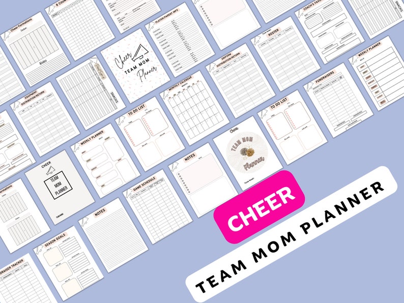 May include: A printable cheer team mom planner with a variety of pages including a to-do list, weekly planner, game schedule, notes, and more. The planner features a cheerleading megaphone and the text "Cheer Team Mom Planner".