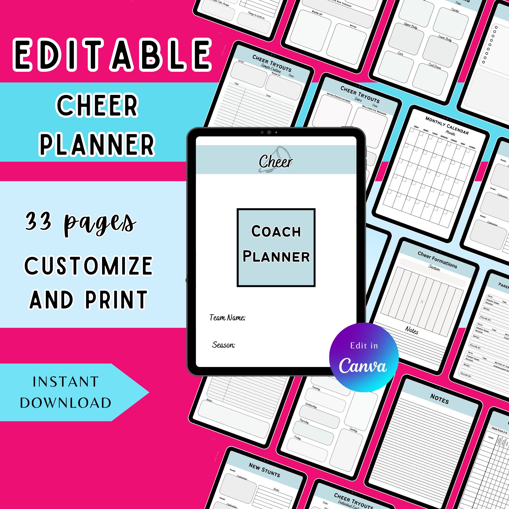 Bearbeitbarer Cheer-Planer, Digitaler Cheer-Planer, Cheer Coach-Planer, druckbare Jubelmappe, Cheer Captain-Planer, Cheer Mom-Planer
