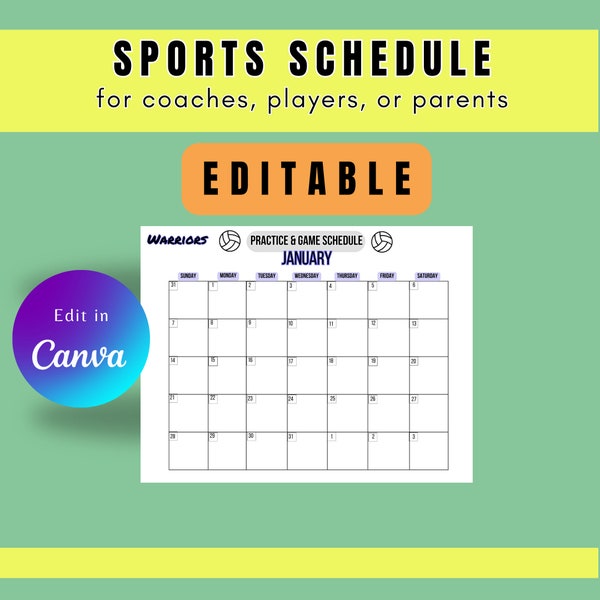 Editable Sports Schedule, Sports Calendar, Editable Team Calendar, Team Mom Schedule, Schedule for Coach