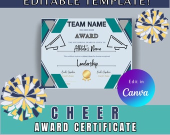 May include: Editable cheer award certificate template with a teal, gray, and white geometric design. The certificate has a gold star, a megaphone graphic, and the text "TEAM NAME", "2024 CHEER SEASON", "AWARD", "THE FOLLOWING AWARD IS GIVEN TO", "Athlete's Name", "This certificate is given to Athlete's Name for showing exceptional", "Leadership", "Coach's Signature", "Coach's Name", "Date", "Coach's Signature", "Coach's Name", and "Edit in Canva".