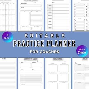 Puede incluir: Planificador de prácticas editable para entrenadores con 9 páginas. El planificador incluye un calendario semanal, una sección de citas motivacionales, un rastreador de objetivos diarios, un planificador de prácticas, un plan de acondicionamiento y un registro de ejercicios.