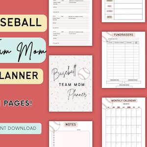 Könnte beinhalten: Ein Baseball-Themenplaner mit dem Text "Baseball Team Mom Planner" und "31 Seiten!" auf rotem Hintergrund. Der Planer enthält Abschnitte für Notizen, Spendenaktionen und einen Monatskalender. Der Text "Sofort-Download" ist ebenfalls sichtbar.