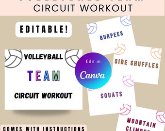 May include: Editable volleyball team circuit workout cards featuring a volleyball graphic. The cards include exercises such as burpees, side shuffles, squats, and mountain climbers. The cards are designed to be edited in Canva.