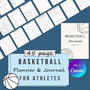 Può includere: Un planner e un diario di basket da 45 pagine per atleti. La copertina presenta una palla da basket con linee nere e sfondo bianco. Il testo "BASKETBALL Journal FOR ATHLETES" è in nero su sfondo bianco. Il testo "Edit in Canva" è in bianco su uno sfondo sfumato blu, viola e verde.