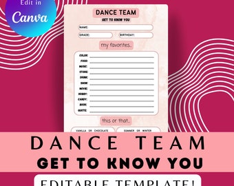 Editable Dance Team Get To Know You, Dance Team Favorites Sheet, Get to Know You Sheet, Printable Favorites Sheet, Editable Favorites Sheet