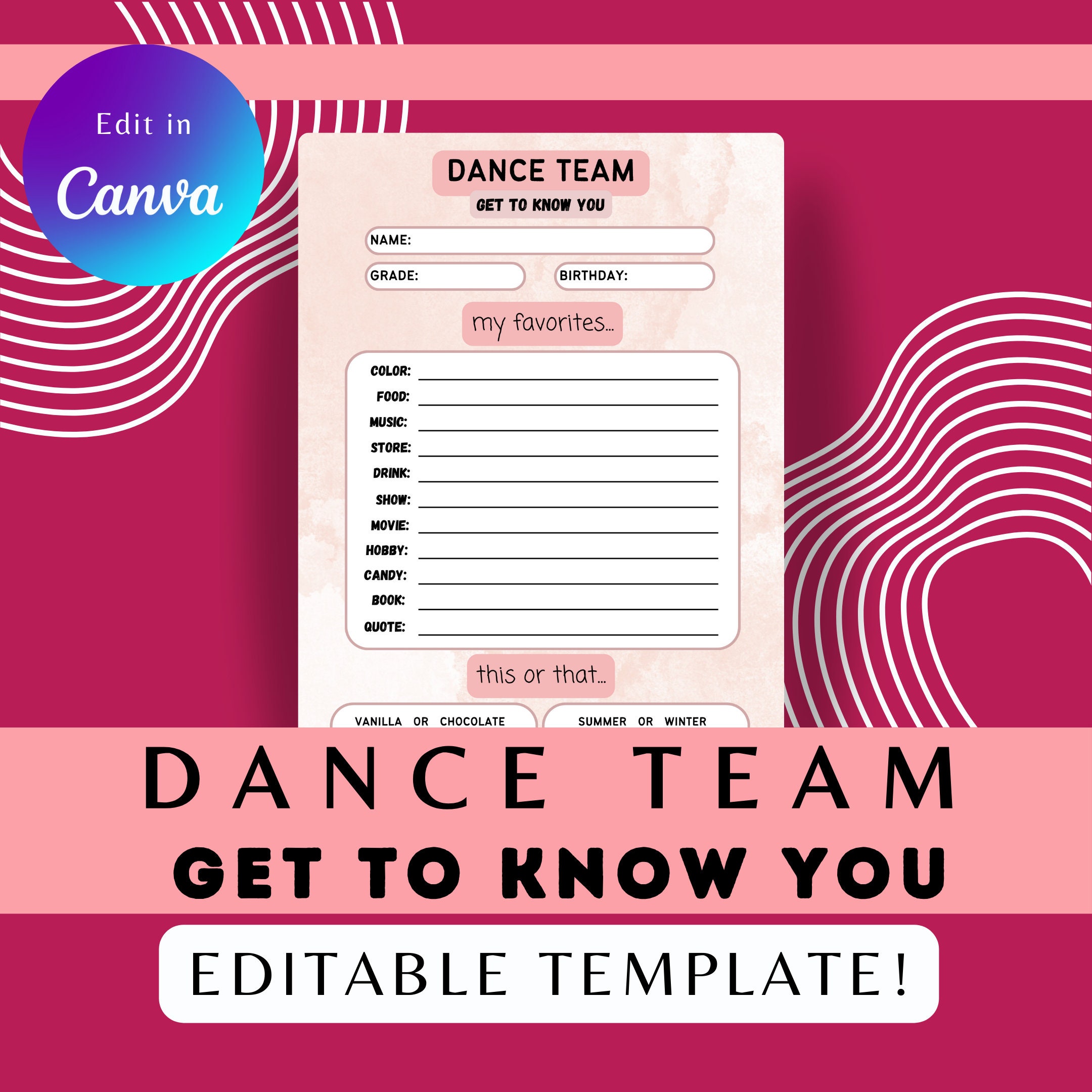 Editable Dance Team Get To Know You, Dance Team Favorites Sheet, Get to Know You Sheet, Printable Favorites Sheet, Editable Favorites Sheet