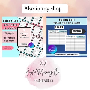 K&ouml;nnte beinhalten: Editierbarer druckbarer Planer f&uuml;r Softball-Trainer mit 28 Seiten. Der Planer enth&auml;lt einen Saisonplaner, einen Trainingsplan und einen Spielplan. Der Planer ist f&uuml;r die Bearbeitung in Canva konzipiert. Ebenfalls enthalten ist ein editierbares Volleyball-Eltern-Anmeldepaket mit 7 Seiten, darunter Anmeldebl&auml;tter f&uuml;r Linienrichter und Fahrgemeinschaften. Das Paket enth&auml;lt auch einen Bonus-Trainings- und Spielplan.