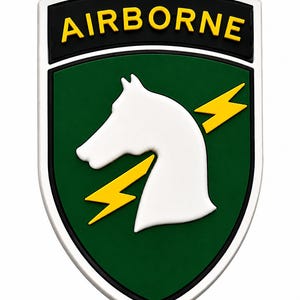 May include: A shield-shaped patch featuring a green background with a white horse head silhouette and two yellow lightning bolts. The top black tab displays the word AIRBORNE in yellow capital letters, all bordered by a white and black frame.