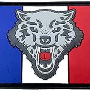 May include: A grey wolf's head with a red tongue is centred on a patch with the colours of the French flag: blue, white and red.