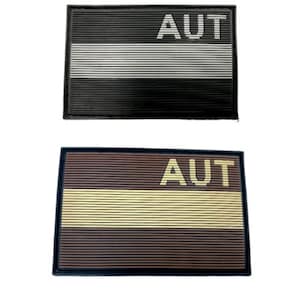 May include: Two doormats with the word "AUT" printed on them. The top doormat is black with a white stripe and the bottom doormat is brown with a beige stripe.