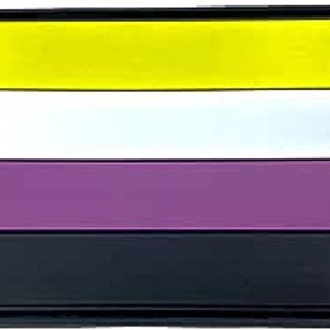 May include: A patch with four horizontal stripes in yellow, white, purple, and black.