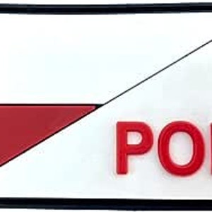 May include: A white patch with a red triangle and the word "POL" in red letters. The patch has a black border.