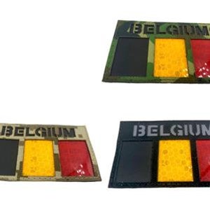 May include: Three velcro patches with the word "BELGIUM" printed on them. The patches are in three different color schemes: camouflage, black and grey, and black with a white outline. Each patch has three rectangular sections, representing the colors of the Belgian flag: black, yellow, and red.