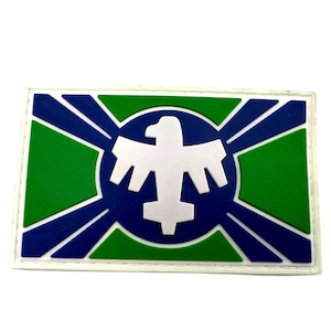 Puede incluir: Parche bordado blanco, verde y azul con un diseño de águila blanca en el centro. El águila tiene una envergadura y mira hacia adelante. El parche tiene un borde blanco y es rectangular.