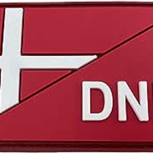 May include: Red and white embroidered patch with the Danish flag and the letters "DNK" in white.