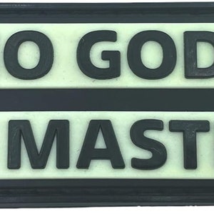 May include: Black and white patch with the text "NO GODS NO MASTERS" in a bold, blocky font.
