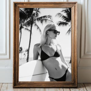 Vintage Surfer Girl Photo Print: Black and White Beach House Decor Surfboard, Fashion Posters,