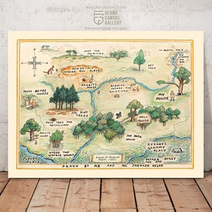 Mappa di 100 acri di bosco - Mappa classica dei cartoni animati, baby shower, festa di compleanno, centrotavola per la decorazione della cameretta dei bambini, gufo, coniglio, maialino