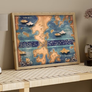May include: A framed vintage-style map with a blue and brown color scheme. The map is titled "North Isle" and "South Isle" and features the text "East Isle" and "West Isle".