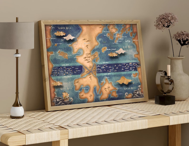 May include: A framed vintage-style map with a blue and brown color scheme. The map is titled "North Isle" and "South Isle" and features the text "East Isle" and "West Isle".