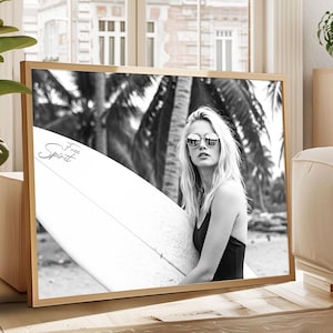 Vintage Surfer Woman Photo: Black and White Beach House Art (Digital Download)