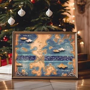 May include: A framed vintage-style map with a blue and brown color scheme. The map is titled "North Sea", "East Sea", and "South Sea".