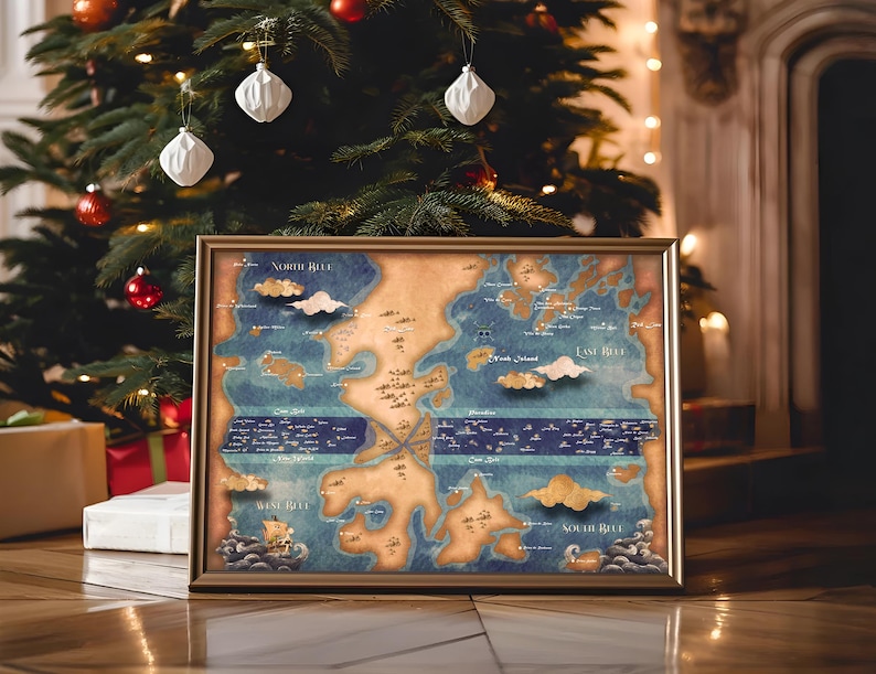 May include: A framed vintage-style map with a blue and brown color scheme. The map is titled "North Sea", "East Sea", and "South Sea".