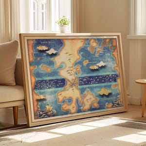 May include: A framed illustration of a vintage map with a blue and yellow color scheme. The map features islands, seas, and the text "North Pole" and "South Pole".