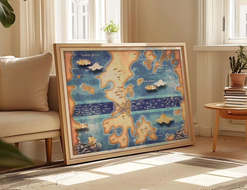 May include: A framed illustration of a vintage map with a blue and yellow color scheme. The map features islands, seas, and the text "North Pole" and "South Pole".