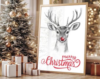 Christmas Deer Line Art Print: Black and White Reindeer Poster (Digital Download)