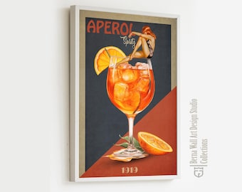 May include: A vintage-style poster featuring a glass of Aperol Spritz with ice cubes and an orange slice. The poster has a red and blue background with the text "Aperol Spritz" and "1919".