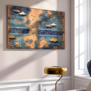 May include: A vintage-style map print with a blue and brown color scheme. The map features islands, seas, and the text "North Isle", "West Isle", "South Isle", and "East Isle".