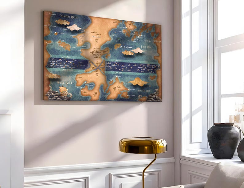 May include: A vintage-style map print with a blue and brown color scheme. The map features islands, seas, and the text "North Isle", "West Isle", "South Isle", and "East Isle".