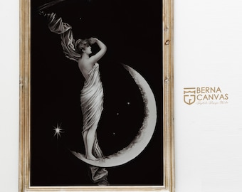 Lámina Art Nouveau de Luna: Mujer con Luna Creciente Vintage (Descarga digital)