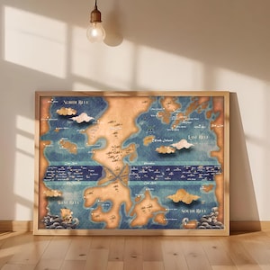 May include: A vintage-style map with a blue and brown color scheme. The map is titled "North Blue", "East Blue", "West Blue", and "South Blue". The map features a variety of islands and landmasses, as well as a few ships.