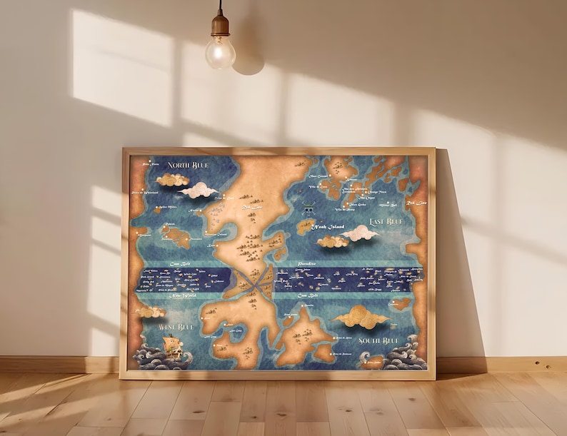 May include: A vintage-style map with a blue and brown color scheme. The map is titled "North Blue", "East Blue", "West Blue", and "South Blue". The map features a variety of islands and landmasses, as well as a few ships.