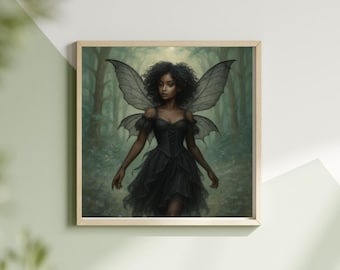 Black Fairy Art Print: Whimsigoth Fantasy Decor, Ethereal Forest