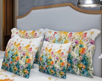 Watercolor Wildflower Flanged Pillow Sham | Standard & King Cover | Watercolor Floral Bedding | Wildflowers Bedding | Cottagecore Home Décor