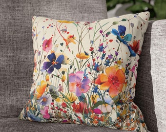 Watercolor Floral Throw Pillow Cover - Colorful Wildflowers - Abstract Art Design - Perfect for Spring Decor - Flanged Pillowcase Sham