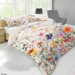 Watercolor Wildflowers Duvet Cover - Colorful Floral Bedding - King Queen Twin XL Sizes - Garden Flowers Aesthetic, Hand Painted BoHo Design