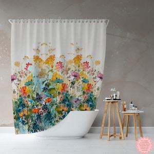 Watercolor Wildflowers Shower Curtain | Colorful Floral Bathroom Décor | White Blue Green Red | Flowers Aesthetic Bath Set