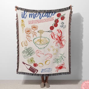 Italian Market, Trendy Woven Throw, Unique Italian Gifts, Foodie Blanket gift, Lobster Blanket, Sardines Blanket, Fisherman Aesthetic